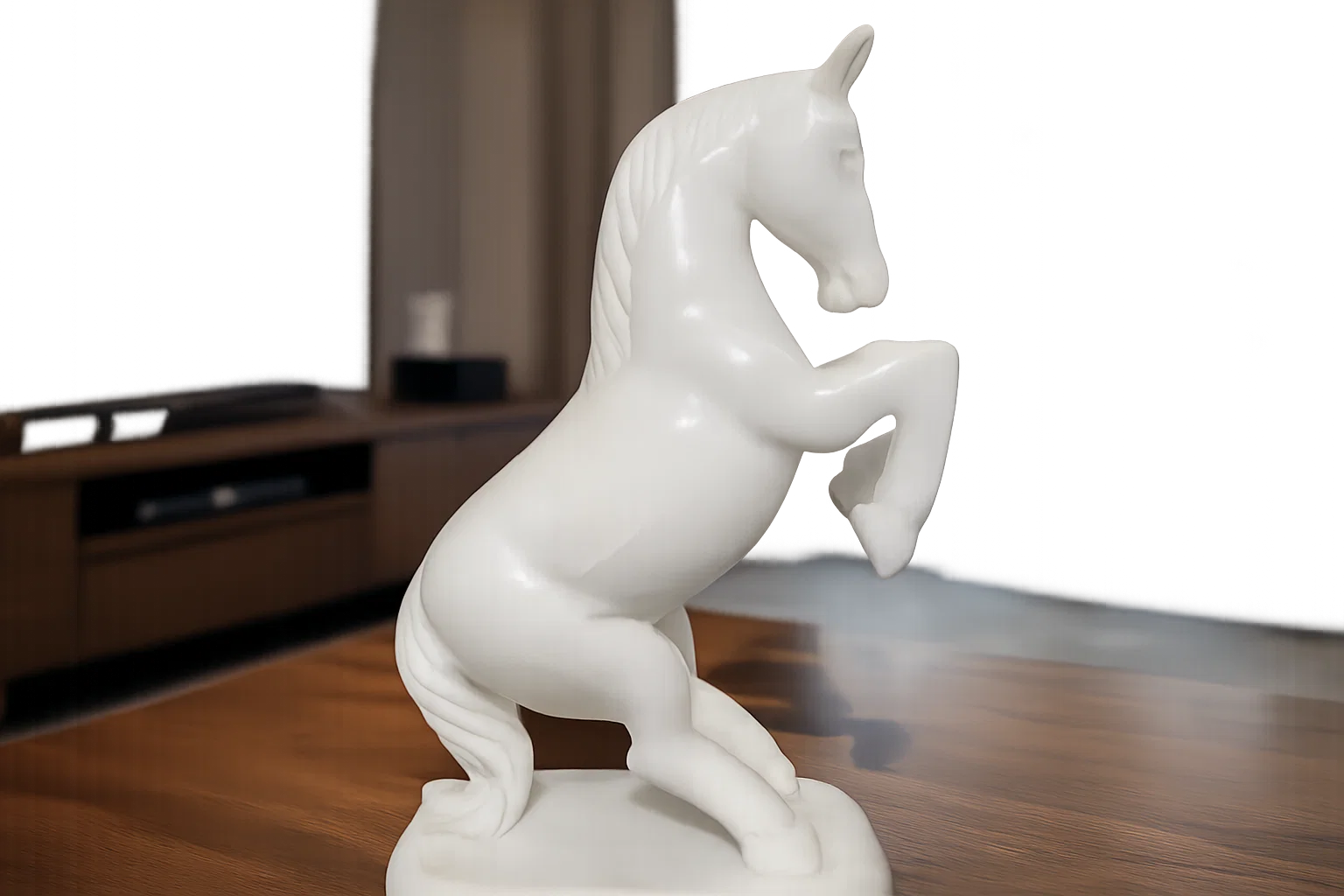 Handcrafted white marble horse figurine styled with candles and neutral interior décor